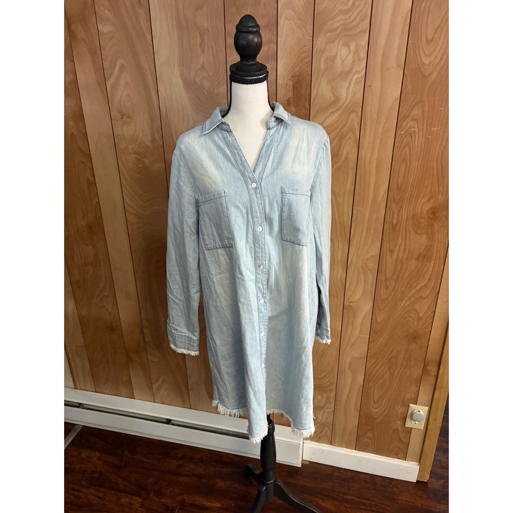 Zilcremo Womens Light Wash Denim Shirt Dress Frayed Hem Long Sleeve Tunic M